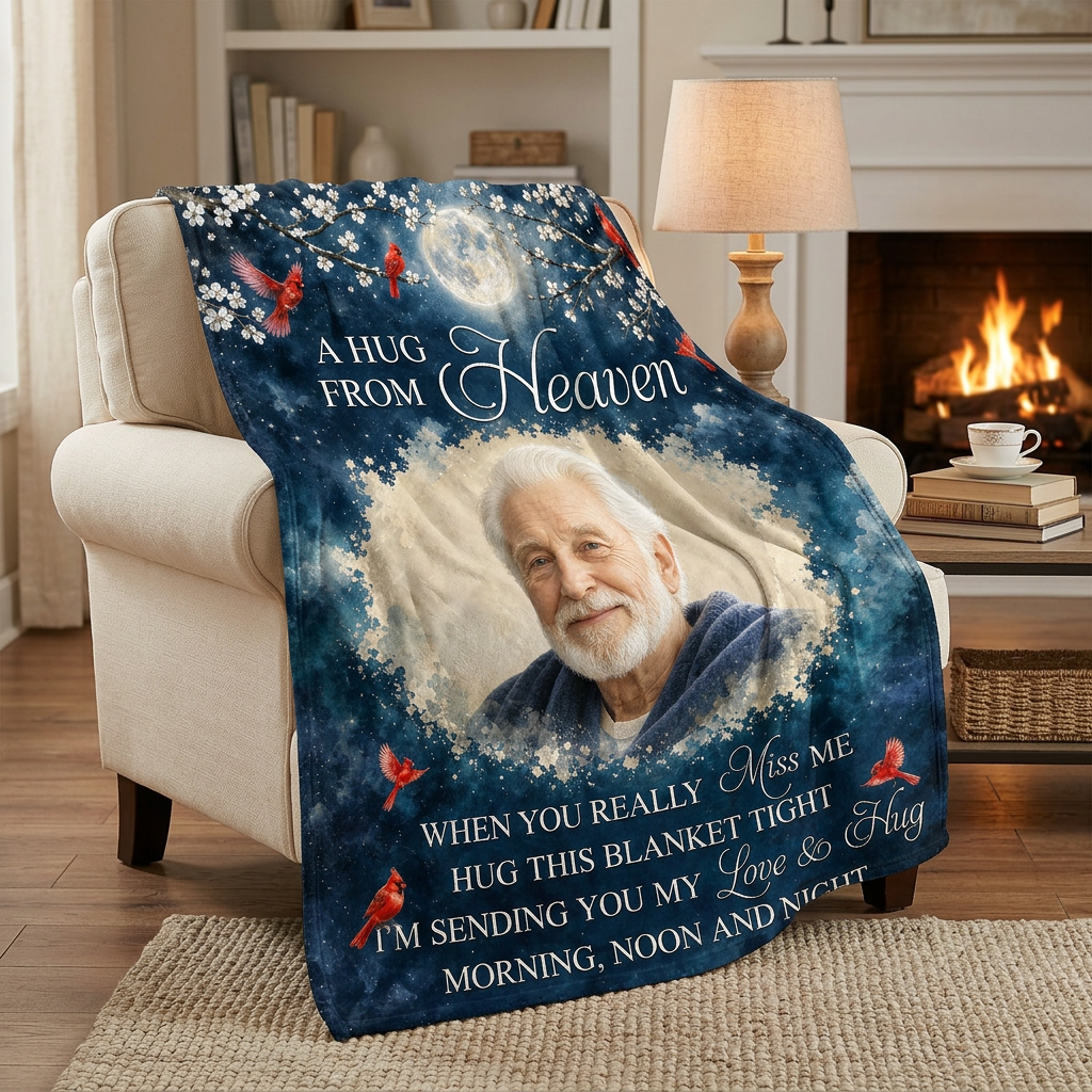 Personalized Photo A Hug From Heaven Memorial Fleece Blanket, Sympathy Gift for Loss of Dad Grandpa - Image 2