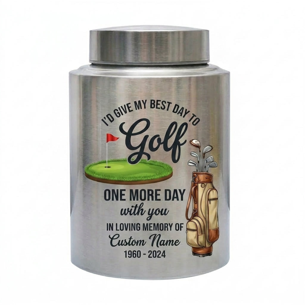 Personalized Golf Player Memorial UV Printed Stainless Steel Urn for Father Grandfather Golfer Enthusiast Adult Human Ashes 2 Sizes Memorial Keepsake Urn, Memorial Gift, In Loving Memory - Image 2
