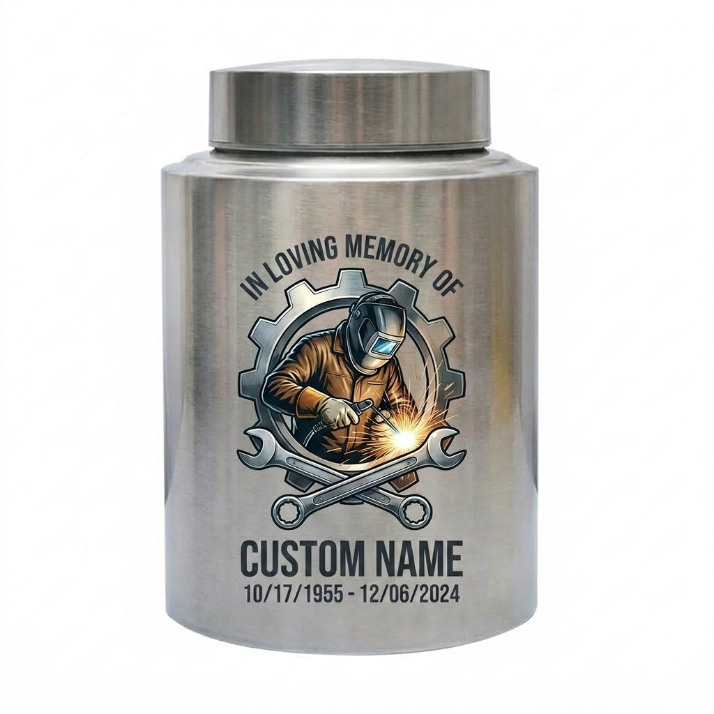 Personalized Welder Gear and Wrenches UV Printed Stainless Steel Urn for Loss of Father Husband Mechanic Bereavement Tribute Two Sizes Memorial Keepsake Urn, Memorial Gift, In Loving Memory - Image 2