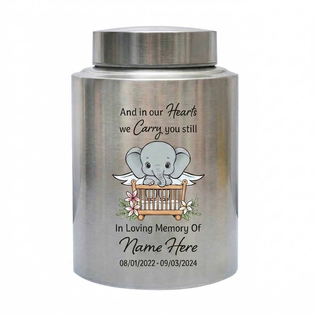 Personalized Baby Elephant UV Printed Stainless Steel Urn For Infant Child Loss Bereavement, Silver Black Gold Red Display, Memorial Keepsake Urn, Memorial Gift, In Loving Memory - Image 2