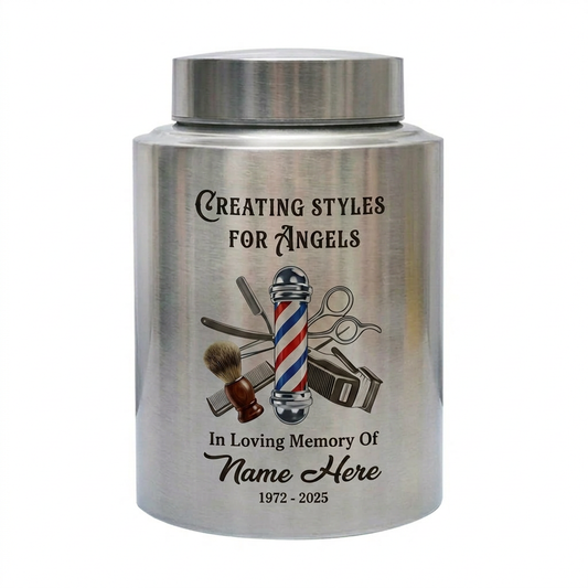 Personalized Master Barber Hair Stylist UV Printed Stainless Steel Urn for Ashes Cosmetologist Sympathy Bereavement Large Silver Black Gold Red Memorial Keepsake Urn, Memorial Gift, In Loving Memory - Image 2