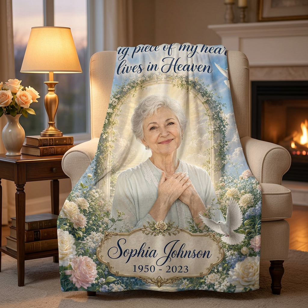 Personalized Memorial Photo Fleece Blanket - Heaven Remembrance Sympathy Gift for Family - Image 2