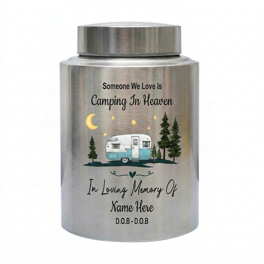 Personalized Forest Camping Outdoor UV Printed Camper Someone We Love Is Camping In Heaven Burial Ashes Holder 2 Sizes 4 Colors Memorial Keepsake Urn, Memorial Gift, In Loving Memory - Image 2