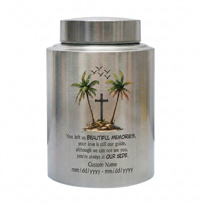 Personalized Beach Palm Tree Cross Stainless Steel Funeral Urn for Loss of Mom Dad Loved One Adult Human Ashes Small Large Memorial Keepsake Urn, Memorial Gift, In Loving Memory - Image 2