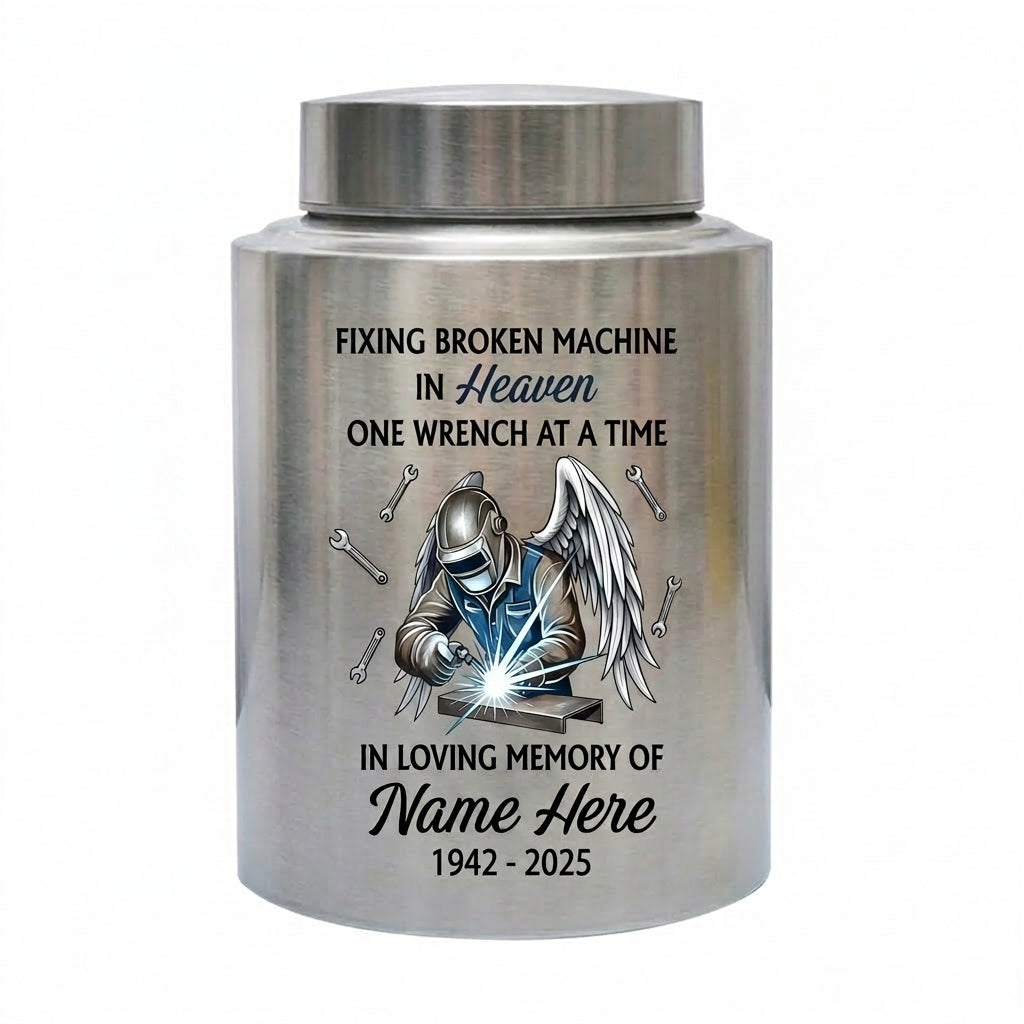 Personalized Mechanic Fixing Broken Machine In Heaven Stainless Steel Urn for Dad Father Grandpa Men Human Ashes Small Large Memorial Keepsake Urn, Memorial Gift, In Loving Memory - Image 2