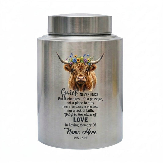 Personalized Highland Cow UV Printed Stainless Steel Grief Quote Bereavement Adult Ashes Container Large Small Sizes 4 Color Options Memorial Keepsake Urn, Memorial Gift, In Loving Memory - Image 2