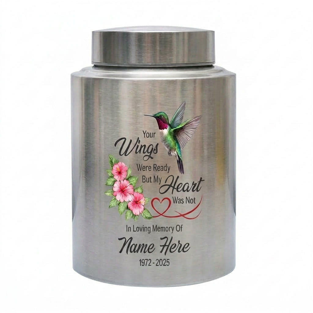 Personalized Hummingbird Stainless Steel Cremation Urn for Human Ashes, Your Wings Were Ready Bereavement Condolence Loss of Loved One Memorial Keepsake Urn, Memorial Gift, In Loving Memory - Image 2