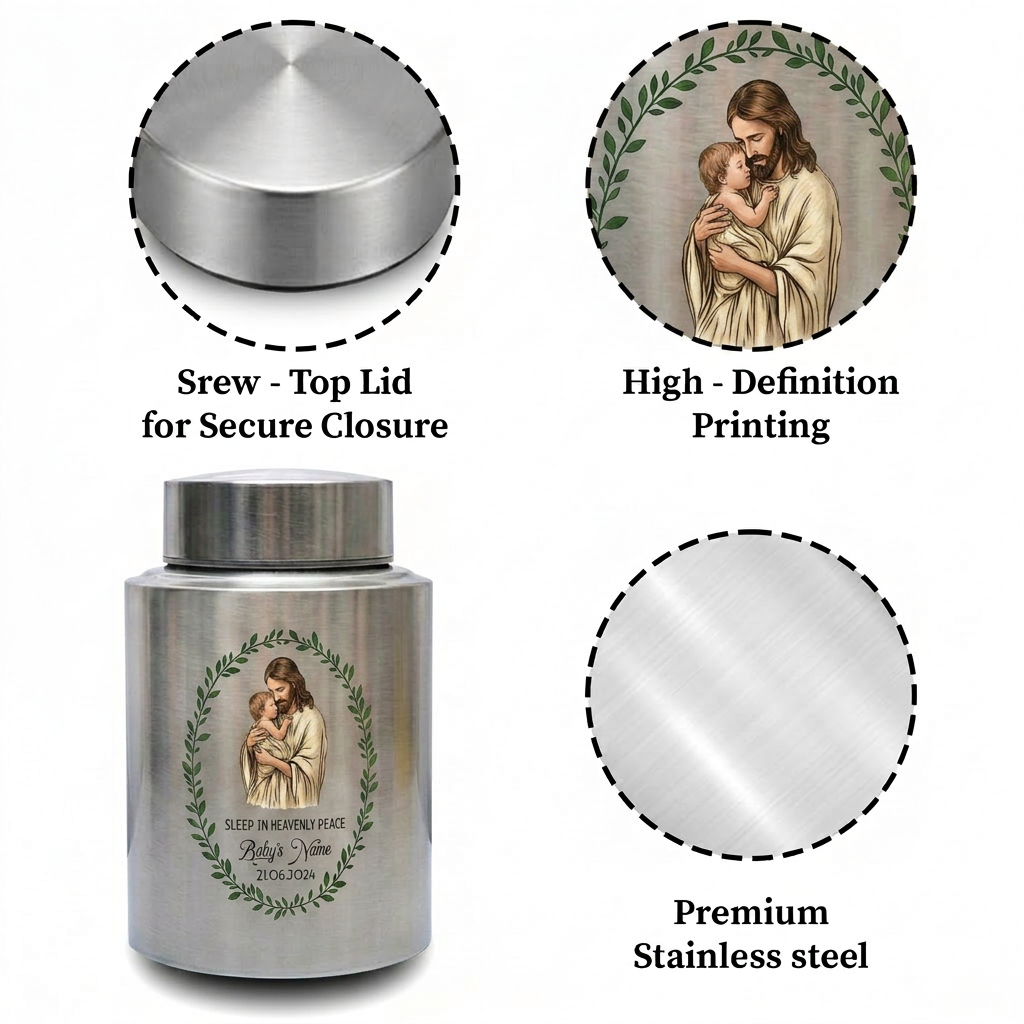 Personalized Jesus Cradling Angel Baby Stainless Steel Cremation Urn for Human Ashes, Sleep In Heavenly Peace Child Loss Grief Support Decor, Memorial Keepsake Urn, Memorial Gift, In Loving Memory - Image 3