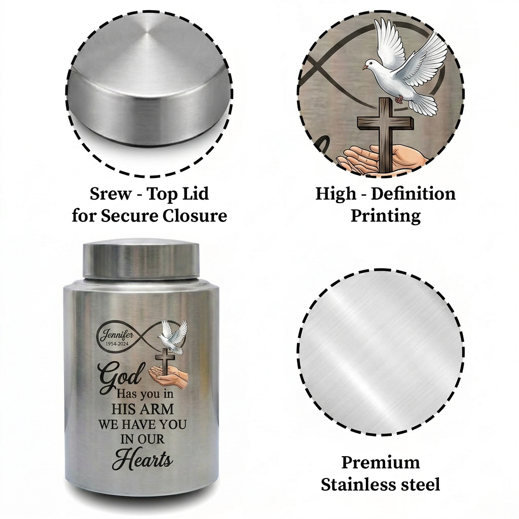 Personalized Christian Dove Infinity Cross Stainless Steel Religious Cremation Urn Loss of Mother Father Family Member Bereavement Sympathy Memorial Keepsake Urn, Memorial Gift, In Loving Memory - Image 3