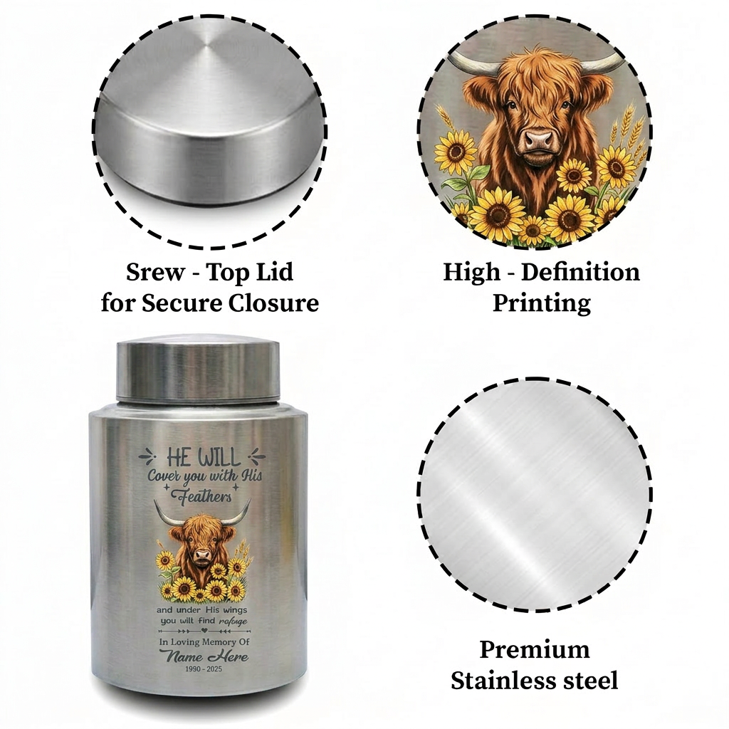 Personalized Highland Cow Christian Bible Verse Stainless Steel Cremation Urn for Human Ashes, Custom Religious Bereavement Sympathy Present, Memorial Keepsake Urn, Memorial Gift, In Loving Memory - Image 3