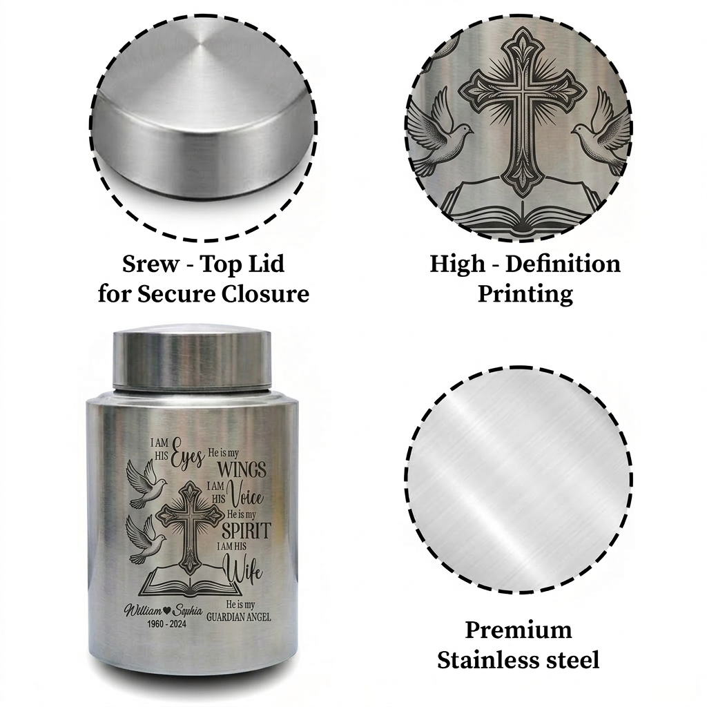 Personalized Couple in Heaven Stainless Steel Cremation Urn Loss of Husband Guardian Angel Keepsake for Widow Large or Small Ash Holder Memorial Keepsake Urn, Memorial Gift, In Loving Memory - Image 3