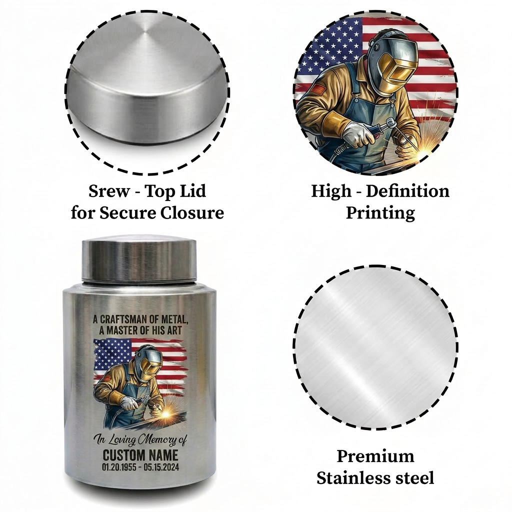 Personalized Welder Craftsman Stainless Steel Cremation Urn for Human Ashes, Custom Name Date Bereavement Sympathy Gift for Father Husband, Memorial Keepsake Urn, Memorial Gift, In Loving Memory - Image 3