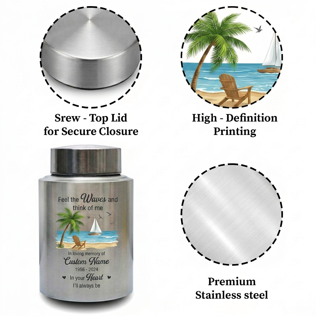 Personalized Beach Ocean Waves Design Stainless Steel Urn for Human Ashes, Loss of Loved One Funeral Bereavement Remembrance Tribute, 2 Sizes, Memorial Keepsake Urn, Memorial Gift, In Loving Memory - Image 3