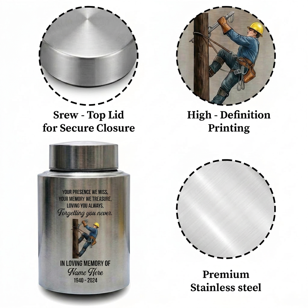 Personalized Lineman Electrician Cremation UV Printed Stainless Steel for Dad Husband Human Ashes Loss Small 5.9x3.9in Large 7.5x5.1in Memorial Keepsake Urn, Memorial Gift, In Loving Memory - Image 3