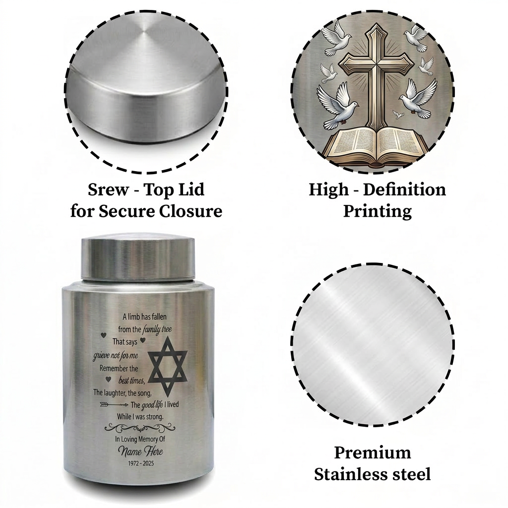 Personalized Tree of Life Jewish Star of David UV Printed Stainless Steel Urn Loss of Loved One Judaism Bereavement Tribute Large 7.5in Memorial Keepsake Urn, Memorial Gift, In Loving Memory - Image 3