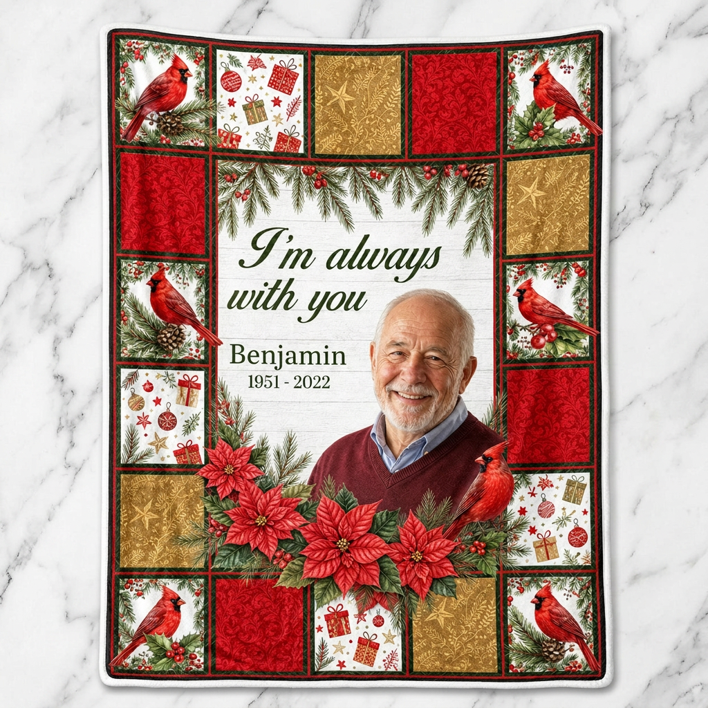 Personalized Memorial Photo Cardinal Christmas Fleece Blanket - Sympathy Gift for Lost Loved One - Image 3