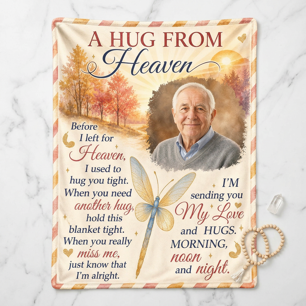 Personalized Photo Memorial Fleece Blanket - A Hug From Heaven Sympathy Gift for Loss of Dad - Image 3