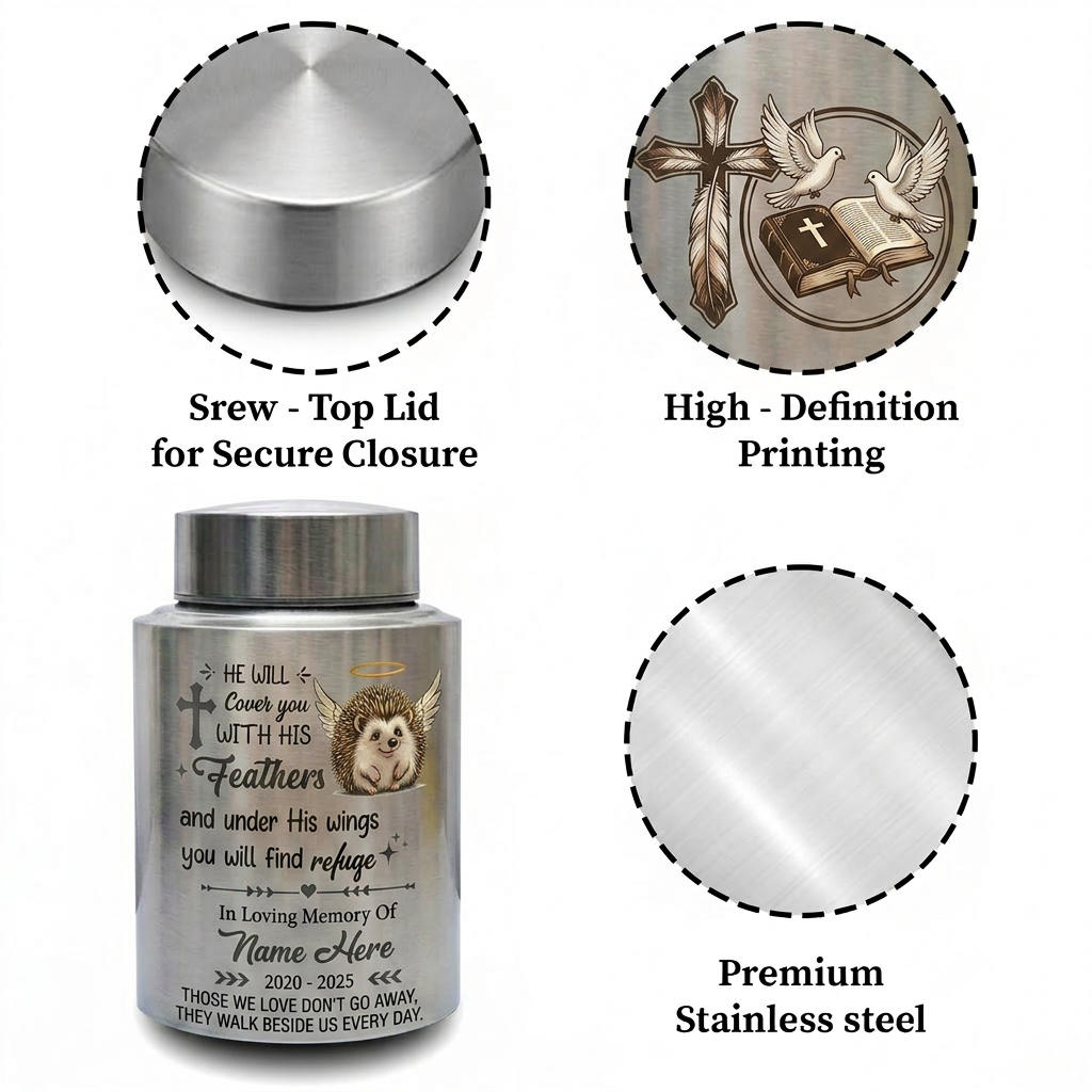 Personalized Angel Hedgehog Pet Loss UV Printed Stainless Steel Cremation Urn Christian Bible Verse Psalm 91 Sympathy Present Decor Memorial Keepsake Urn, Memorial Gift, In Loving Memory - Image 3