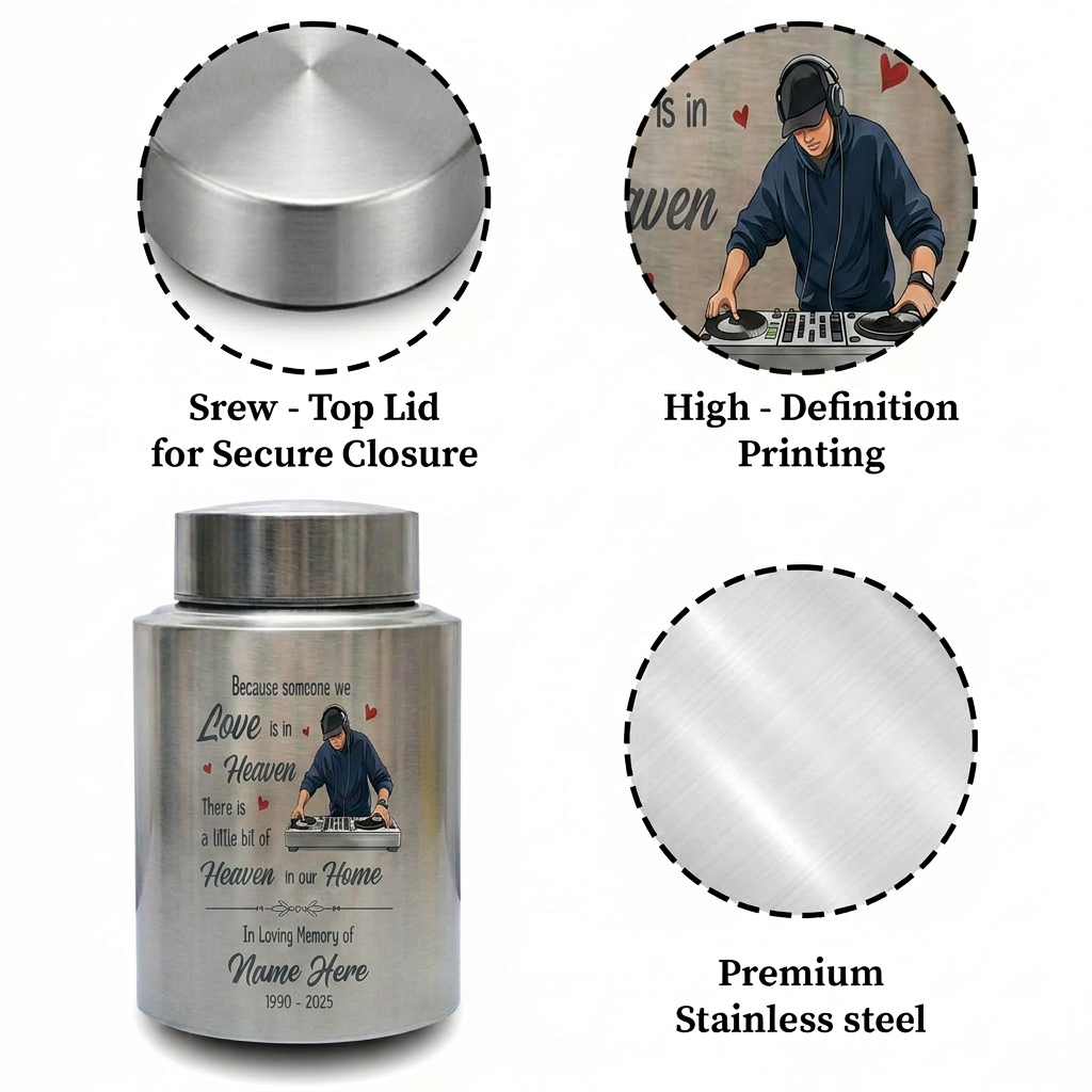Personalized DJ Because Someone We Love Is In Heaven Stainless Steel Urn Sympathy Loss of Loved One Adult Ashes Bereavement 4 Color Large Memorial Keepsake Urn, Memorial Gift, In Loving Memory - Image 3