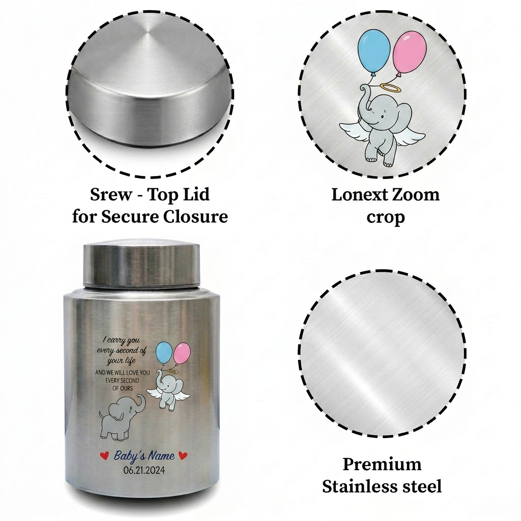 Personalized Angel Baby Elephant Grieving Stainless Steel Urn For Infant Loss Miscarriage Child Memory Large 7.5x5.1 UV Printed Decor Memorial Keepsake Urn, Memorial Gift, In Loving Memory - Image 3