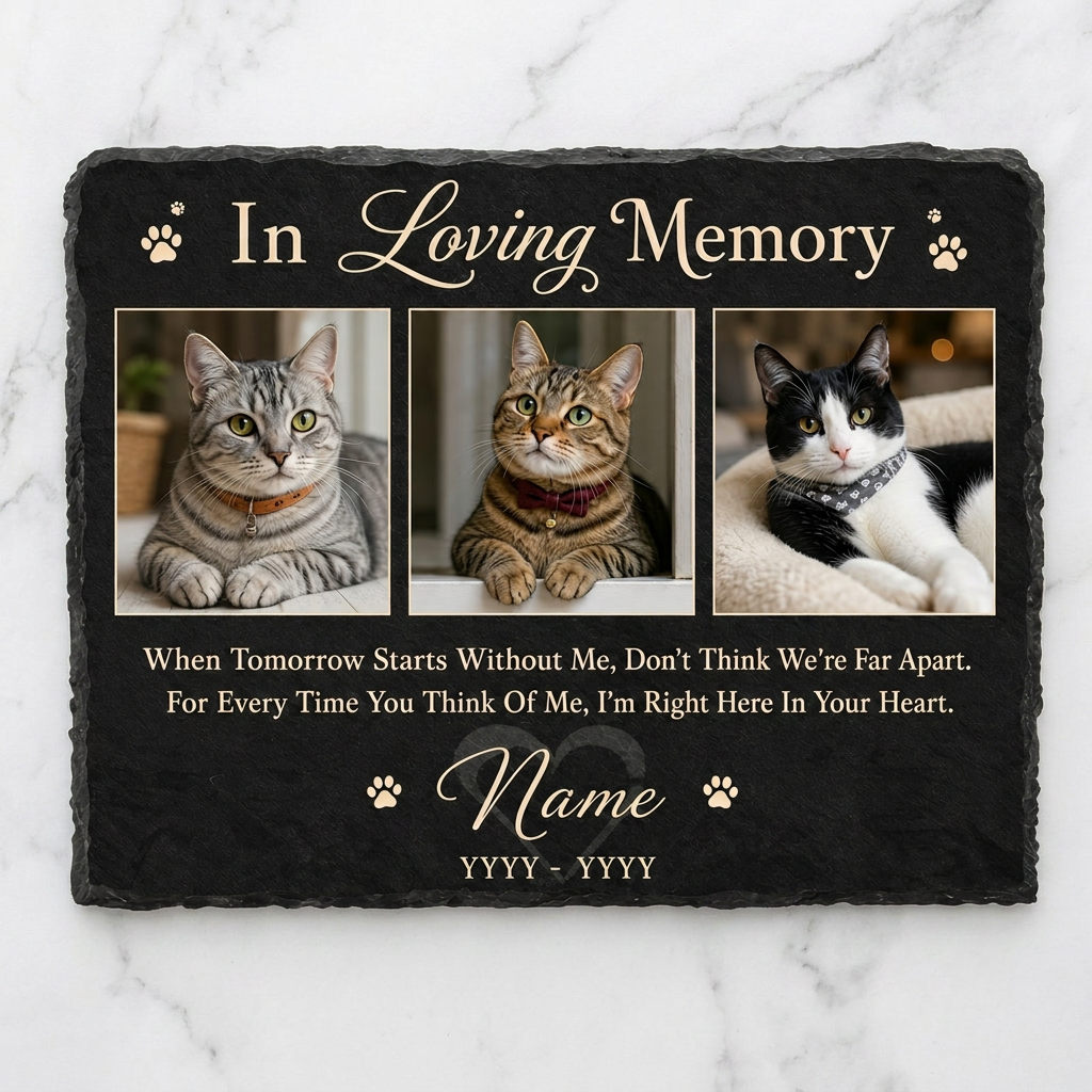 Personalized Cat Memorial Slate Plaque – Pet Loss Keepsake Stone with Photos - Image 3
