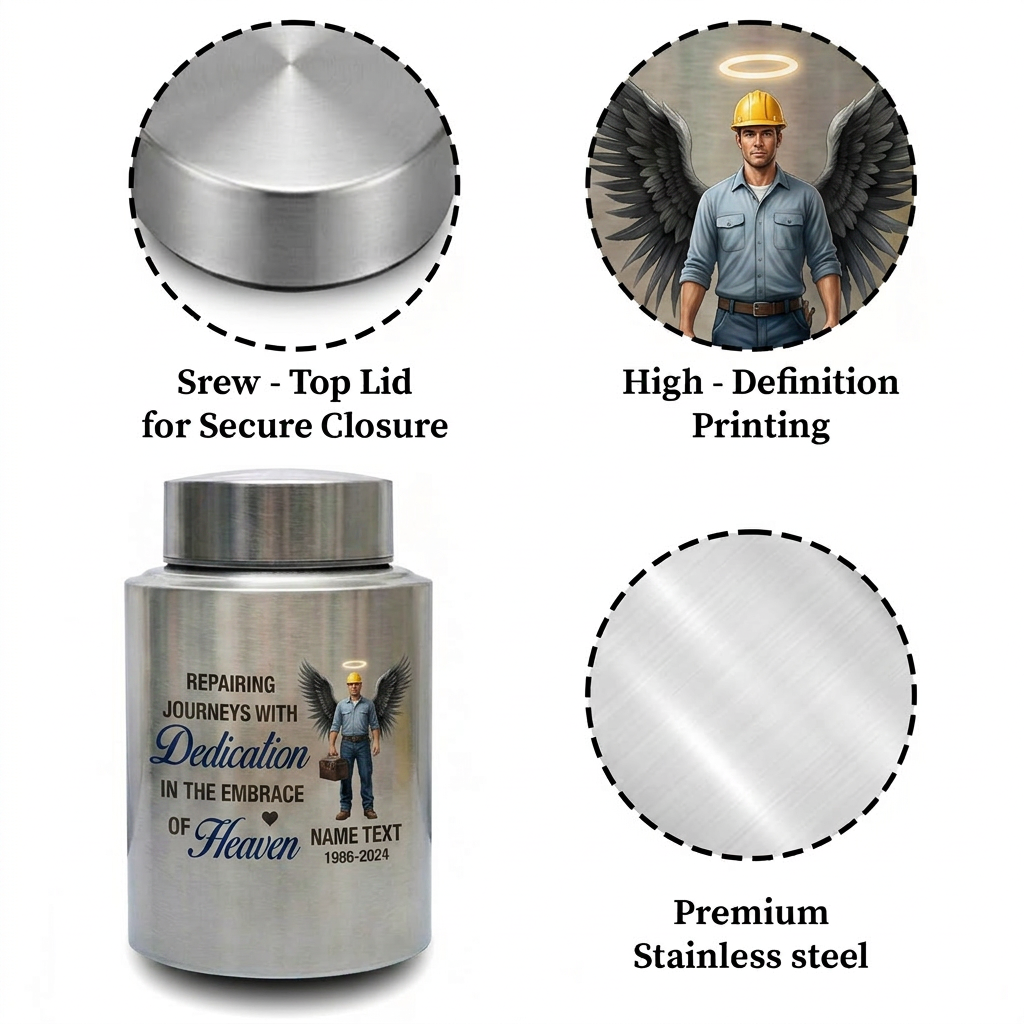 Personalized Mechanic Man Design Repairing Journeys Stainless Steel Urn for Father Husband Auto Worker Tribute 2 Sizes Available Memorial Keepsake Urn, Memorial Gift, In Loving Memory - Image 3