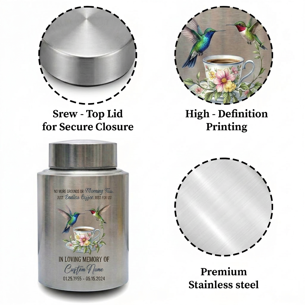 Personalized Coffee Design Stainless Steel Cremation Urn For Coffee Lovers, Morning Brew Tribute Custom Name Dates, 2 Size Options, Memorial Keepsake Urn, Memorial Gift, In Loving Memory - Image 3