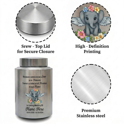 Personalized Baby Elephant Stainless Steel Cremation Urn for Infant Boy Girl Ashes Custom Because Someone We Love is in Heaven UV Print Decor Memorial Keepsake Urn, Memorial Gift, In Loving Memory - Image 3