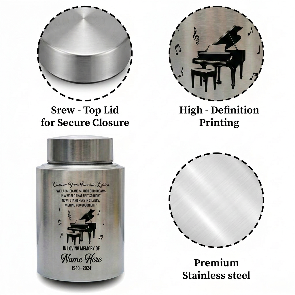 Personalized Piano Music Lovers Custom Favorite Lyrics Stainless Steel Cremation Urn for Adult Male Female Human Ashes Large Memorial Keepsake Urn, Memorial Gift, In Loving Memory - Image 3