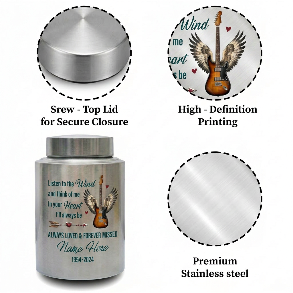 Personalized Guitar Angel Wings Music Lover Stainless Steel Cremation Urn Funeral Adult Male Female Human Ashes Large Silver Black Gold Red Memorial Keepsake Urn, Memorial Gift, In Loving Memory - Image 3