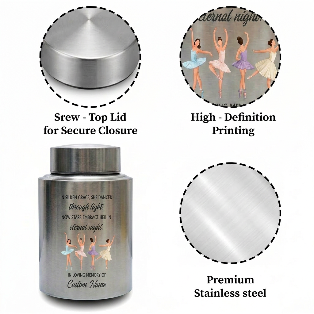 Personalized Ballet Ballerina Custom UV Printed Stainless Steel Female Dancer Loss Tribute Cremation Ashes Display 2 Sizes Small Large Memorial Keepsake Urn, Memorial Gift, In Loving Memory - Image 3
