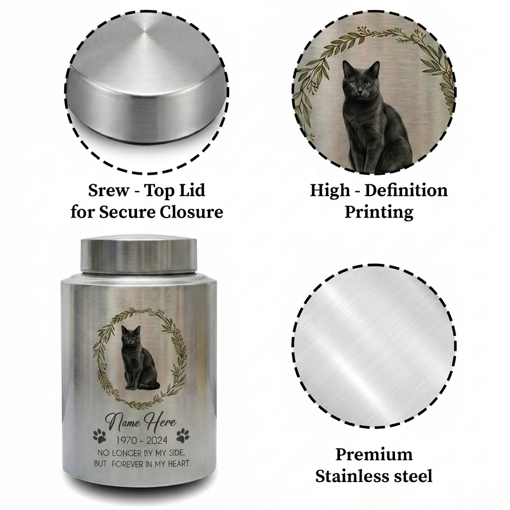 Personalized Cat Paw Print Wreath Pet Memorial Large Stainless Steel Urn for Ashes Cat Loss Sympathy Gift Mom Dad Lovers Custom Date Memorial Keepsake Urn, Memorial Gift, In Loving Memory - Image 3