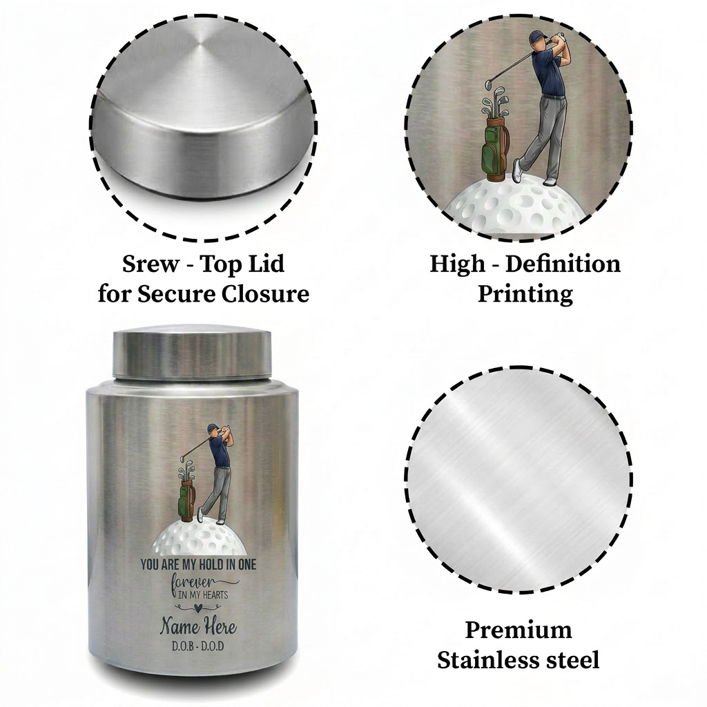 Personalized Golf Players Golfing UV Print Stainless Steel Urn for Adult Male Human Ashes Dad Grandpa Husband Loss Large Decorative Memorial Keepsake Urn, Memorial Gift, In Loving Memory - Image 3