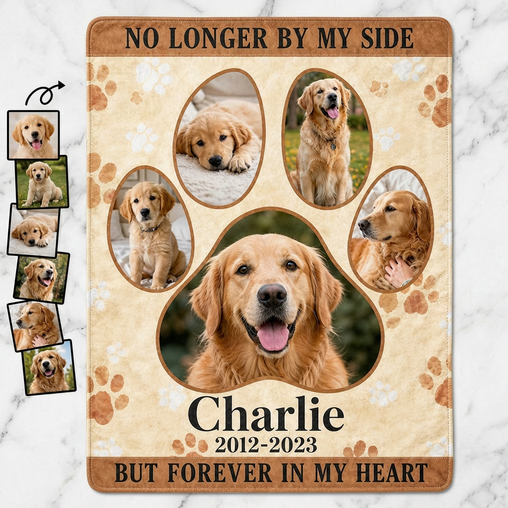 Personalized Pet Memorial Photo Fleece Blanket for Dog Loss - Paw Print Keepsake Gift - Image 3