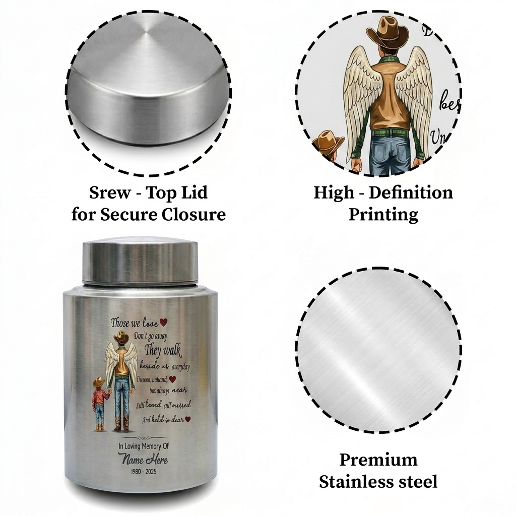 Personalized Cowboy Boots Hat Cross Stainless Steel Urn for Adult Human Ashes Loss of Father Husband Grandpa UV Printed Small and Large Memorial Keepsake Urn, Memorial Gift, In Loving Memory - Image 3