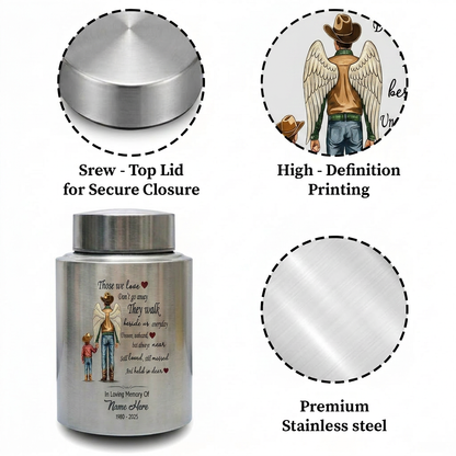 Personalized Cowboy Boots Hat Cross Stainless Steel Urn for Adult Human Ashes Loss of Father Husband Grandpa UV Printed Small and Large Memorial Keepsake Urn, Memorial Gift, In Loving Memory - Image 3