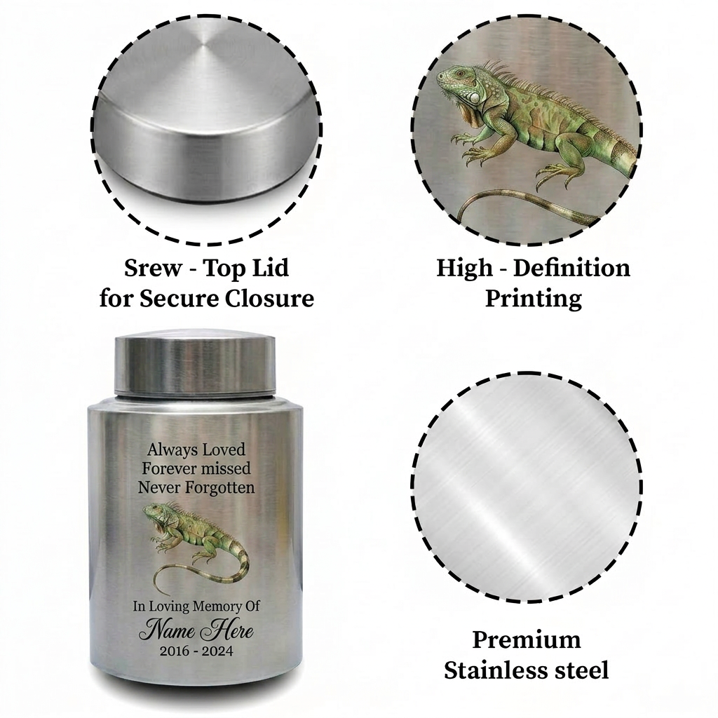 Personalized Iguana Cremation Urn for Human Ashes Stainless Steel Custom Name Dates UV Printed Reptile Lover Sympathy Keepsake 2 Sizes Memorial Keepsake Urn, Memorial Gift, In Loving Memory - Image 3