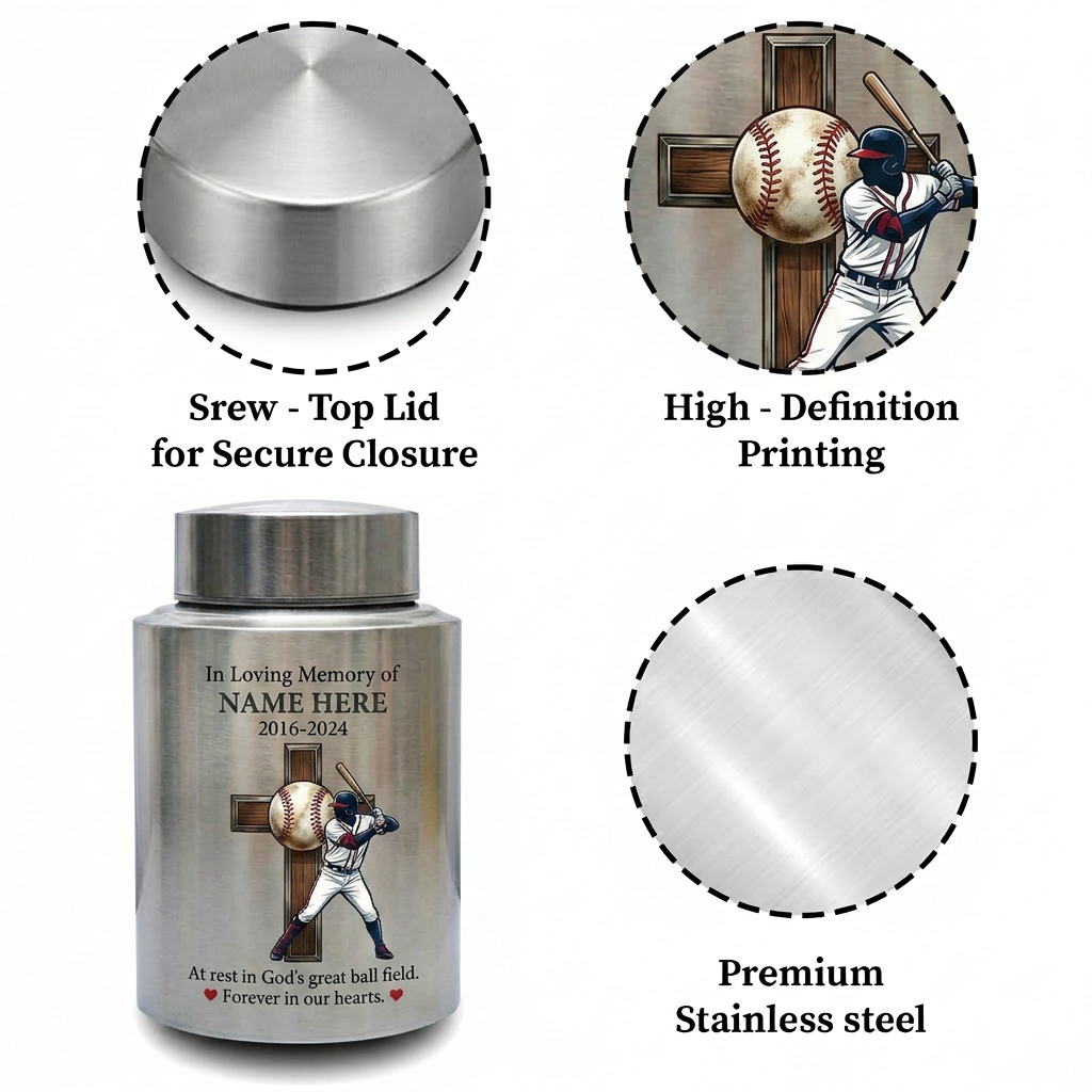 Personalized Baseball Stainless Steel Urn for Human Ashes, Sports Fan Remembrance Container for Coach Player, Two Sizes, Memorial Keepsake Urn, Memorial Gift, In Loving Memory - Image 3