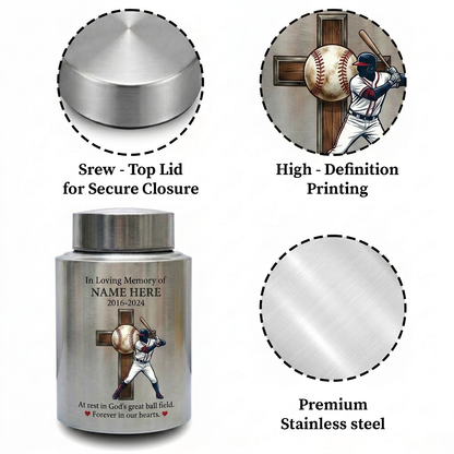 Personalized Baseball Stainless Steel Urn for Human Ashes, Sports Fan Remembrance Container for Coach Player, Two Sizes, Memorial Keepsake Urn, Memorial Gift, In Loving Memory - Image 3