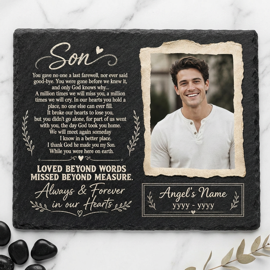 Personalized Son Memorial Garden Stone – Custom Photo Slate Plaque for Loss of Son - Image 3