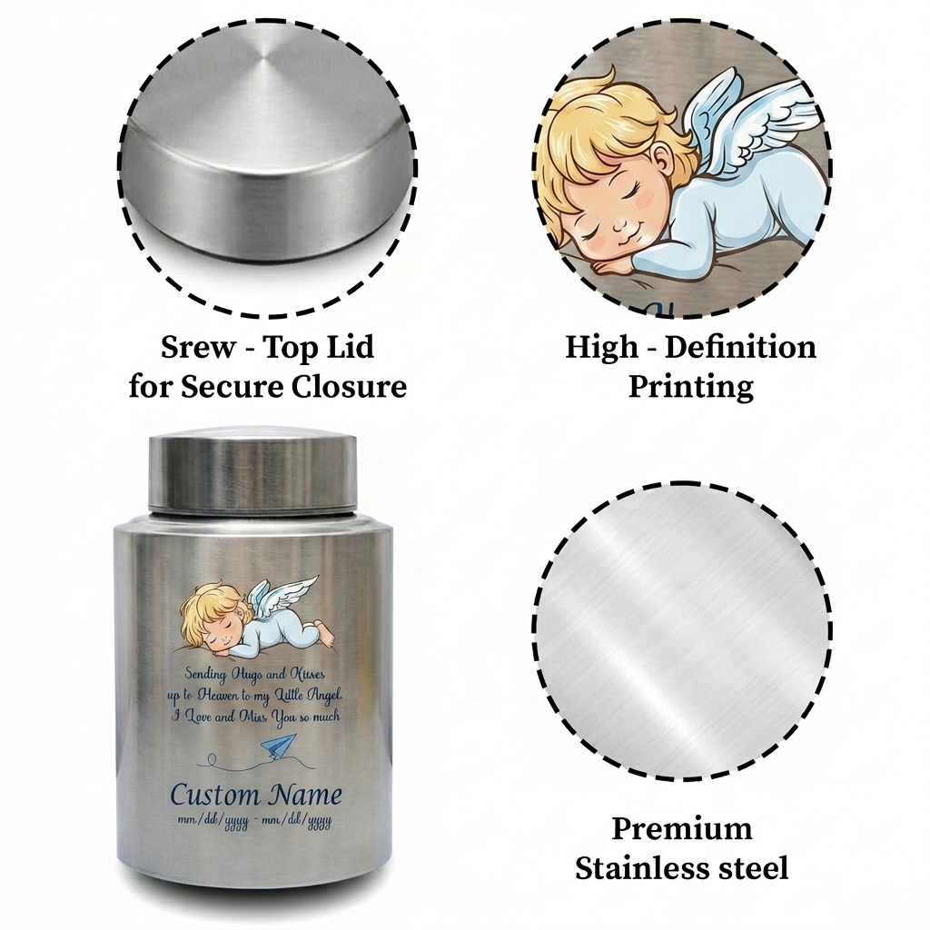 Personalized Little Angel Paper Airplane Stainless Steel Urn Infant Loss Child Remembrance Custom Name Dates Silver Black Gold Red Memorial Keepsake Urn, Memorial Gift, In Loving Memory - Image 3