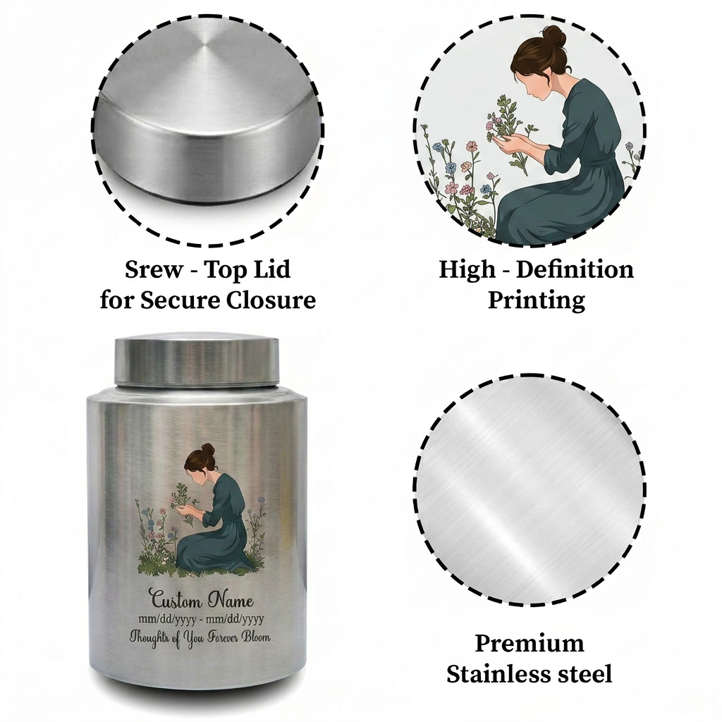 Personalized Gardening Theme Stainless Steel Cremation Urn for Mom Grandma, Custom Name Date Thoughts of You Forever Bloom Floral Ashes Holder, Memorial Keepsake Urn, Memorial Gift, In Loving Memory - Image 3