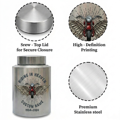 Personalized Motorcycle Cremation Urn Stainless Steel Riding In Heaven Biker Tribute for Dad Husband Two Sizes Black Gold Red Memorial Keepsake Urn, Memorial Gift, In Loving Memory - Image 3