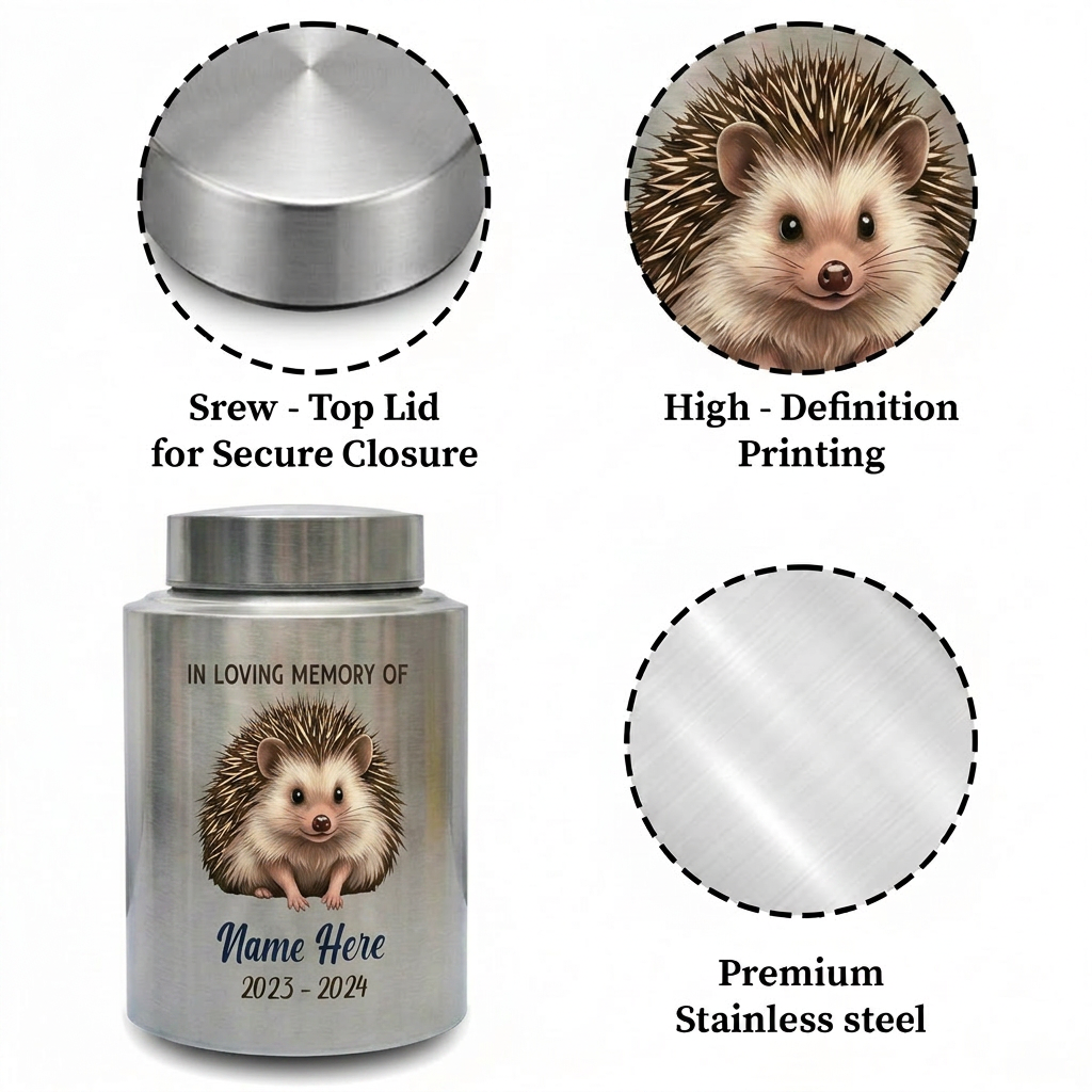Personalized Hedgehog Stainless Steel Custom Pet Animal Lover Remembrance Decorative Ash Holder for Home Display Small or Large Memorial Keepsake Urn, Memorial Gift, In Loving Memory - Image 3