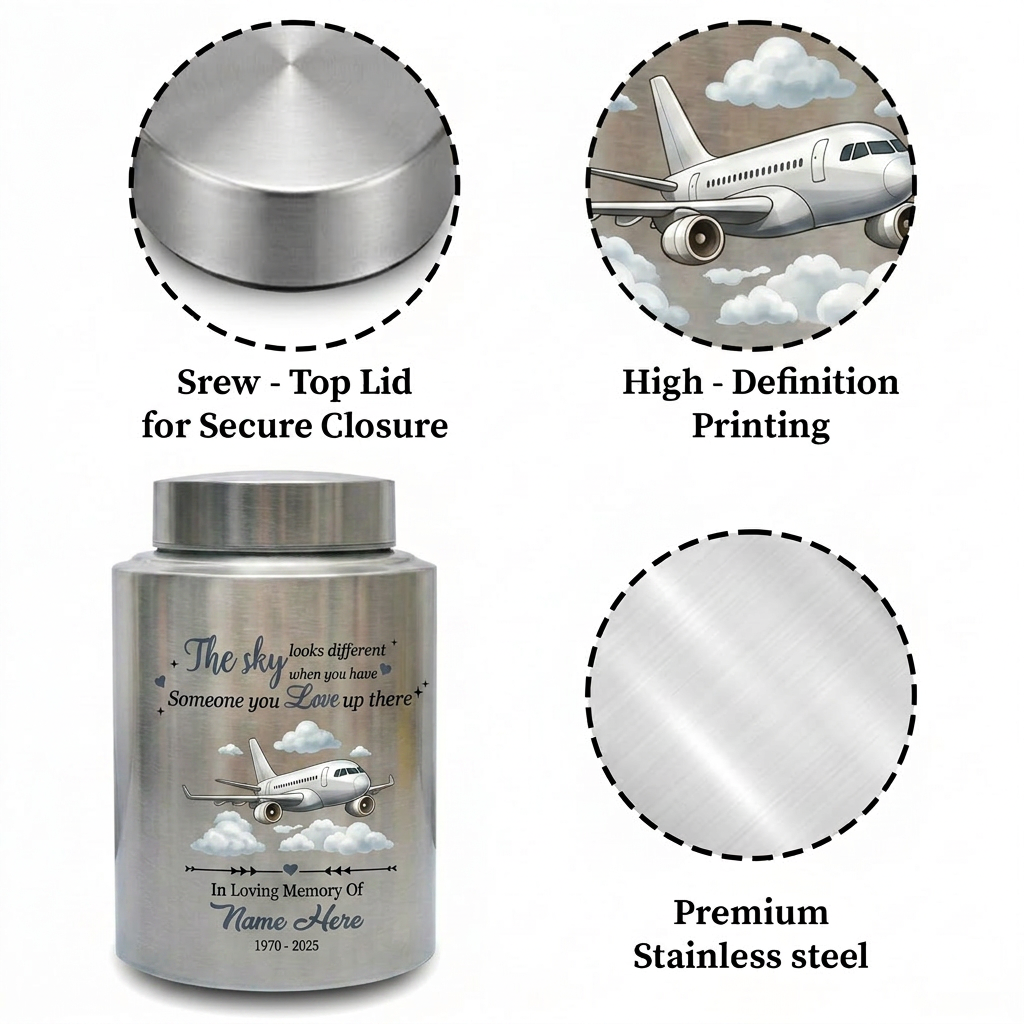 Personalized Flying Plane Pilot Cremation Urn Stainless Steel Aviation Enthusiast Adult Human Ashes UV Printed Silver Black Gold Red Small Large Memorial Keepsake Urn, Memorial Gift, In Loving Memory - Image 3