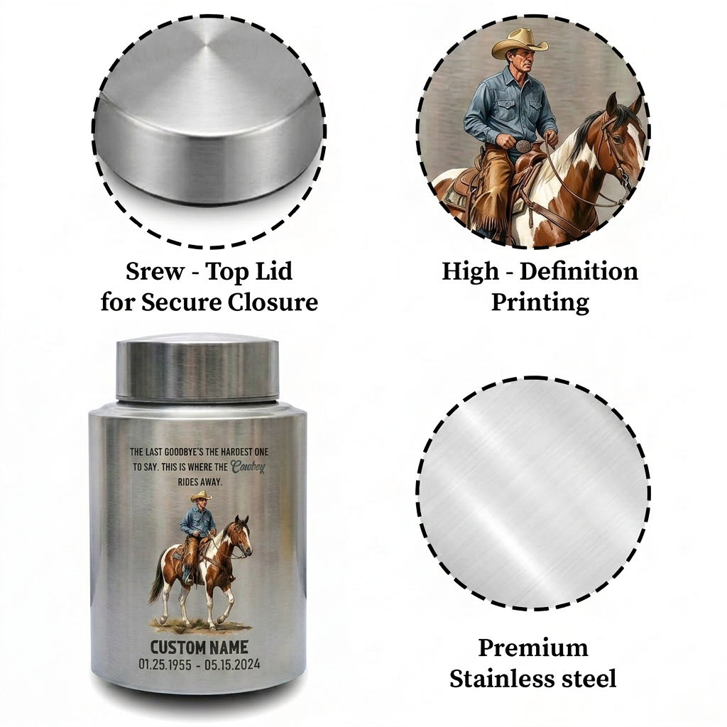 Personalized Cowboy Boots Hat Cross Stainless Steel Urn for Father Grandfather Husband Loss, Adult Human Ashes Funeral Display, Large Two Sizes, Memorial Keepsake Urn, Memorial Gift, In Loving Memory - Image 3
