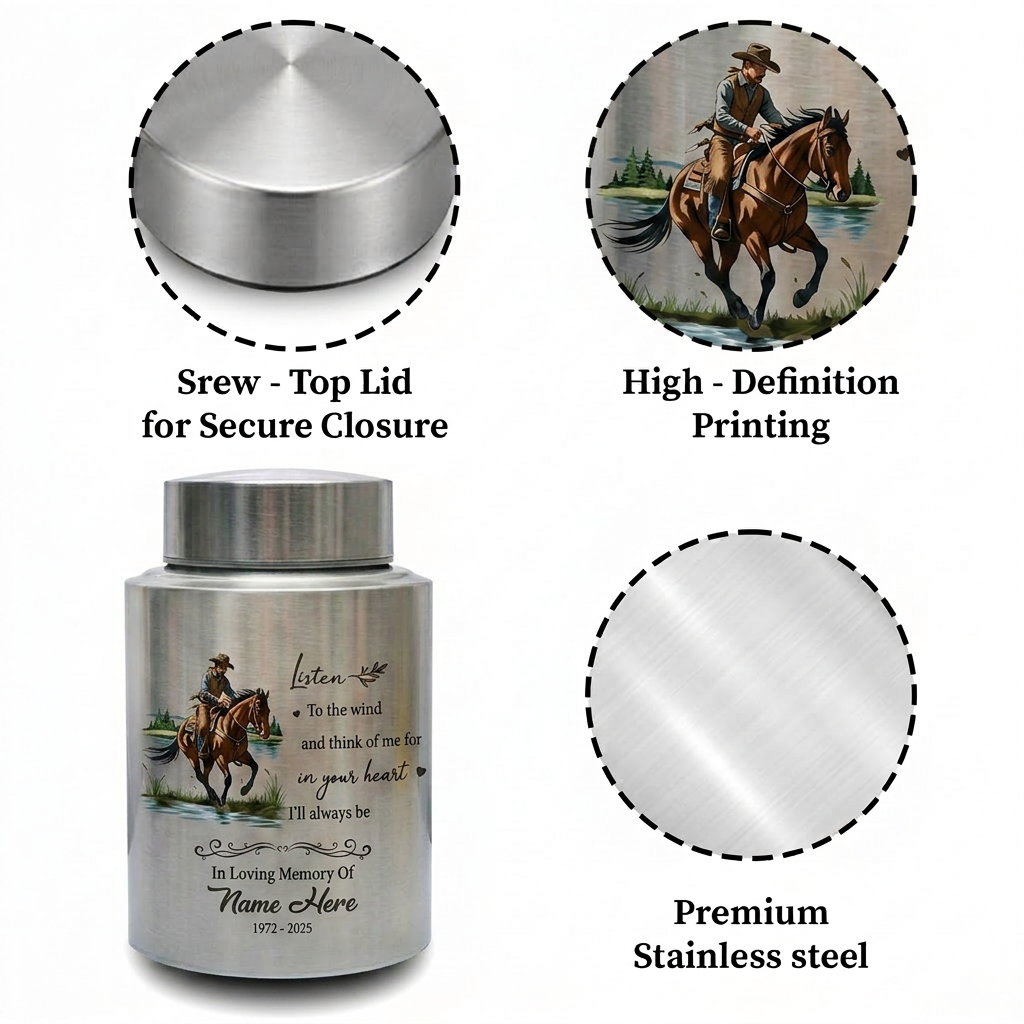 Personalized Cowboy Boots Hat Cross Stainless Steel Urn for Adult Human Ashes, Western Sympathy Present for Loss of Father Husband, Memorial Keepsake Urn, Memorial Gift, In Loving Memory - Image 3