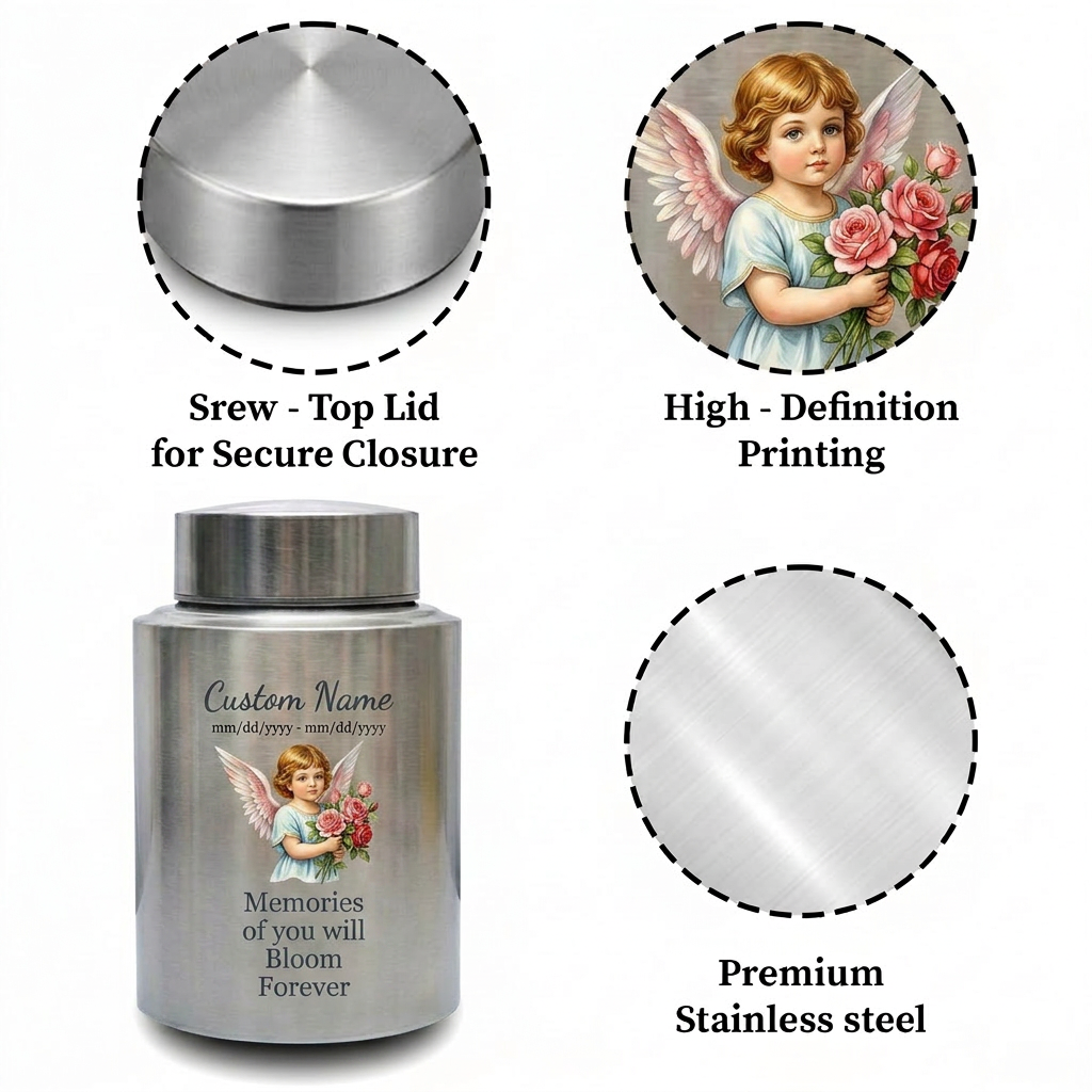 Personalized Baby Flower Bloom UV Printed Stainless Steel Cremation Urn for Infant Child Boy Girl, Custom Name Dates Large Ash Holder, Memorial Keepsake Urn, Memorial Gift, In Loving Memory - Image 3