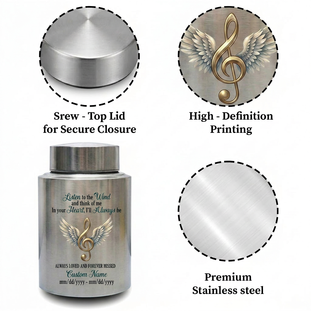 Personalized Music Note Angel Wings Treble Clef Vessel For Music Lovers Loved One Funeral Ashes Container Silver Black Gold Red Small Large Memorial Keepsake Urn, Memorial Gift, In Loving Memory - Image 3
