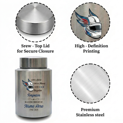 Personalized Racing Victory Stainless Steel Cremation Urn for Human Ashes Motorsports Fan Remembrance Bereavement Tribute 5.9x3.9 7.5x5.1 Memorial Keepsake Urn, Memorial Gift, In Loving Memory - Image 3